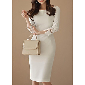 Váy trắng cổ thuyền 3/4 tay váy midi