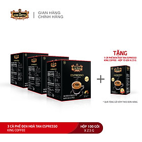 Combo 3 Cà Phê Đen Hòa Tan Espresso KING COFFEE - Hộp 100 gói x 2.5g + tặng 1 Cà Phê Đen