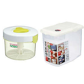 Combo Hộp muối dưa cà 2,2l + Thùng gạo 10kg nắp bật có bánh xe & ca đong - Tặng găng tay đa năng nội địa Nhật Bản