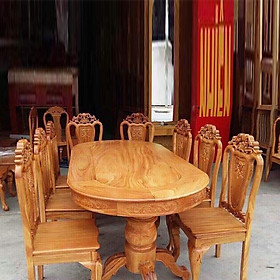 Bộ bàn ăn gỗ gõ 8 gế kiểu oval
