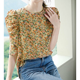 Áo kiểu nữ họa tiết hoa nhí tay phồng cổ tròn sang trọng - nhiều size và màu, form dáng chuẩn thích hợp mặc đi làm hoặc dự tiệc