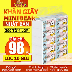 Lốc 10 Gói khăn giấy rút Minibear Nhật, giấy khô, giấy lau mặt, giấy vệ sinh 300 tờ, chuyên dùng cho mẹ và bé