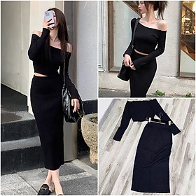 ĐẦM THUN ÔM BODY ĐEN SET ÁO CROPTOP TRỄ VAI + CHÂN VÁY DÀI MIDI LƯNG CAO SUÔNG ĐI TIỆC ĐI CHƠI DẠO PHỐ NOEL GIÁNG SINH ĐI BIỂN
