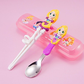 Mua Set 3 món muỗng  đũa tập ăn inox 3D kèm hộp đựng hình công chúa Princess Rapunzel màu hồng cho trẻ em bé gái  - 118VNDP2194
