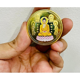 Đồng xu Đức Phật A Di Đà Tọa Đài Sen In Màu Phong thủy may mắn, tặng túi gấm đỏ