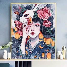 Tranh sơn dầu số hóa rẻ,đẹp-tranh tô màu theo số- tranh thiếu nữ, Tặng khăn,khung gỗ 40x50cm