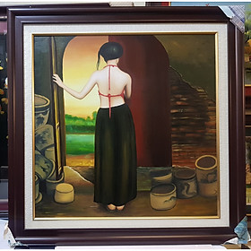 Mua TRANH VẼ SƠN DẦU NGHỆ THUẬT THIẾU NỮ ÁO YẾM QUÊ XƯA