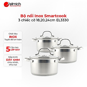 Bộ 3 nồi 18,20 và 24cm Inox 304 Elmich Smartcook SM3330 dùng bếp từ, Xuất xứ CH Séc Châu Âu, bảo hành 24 tháng