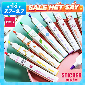 Bút highlight nhấn dòng macaron kèm sticker dạ quang Deli - hộp 6 chiếc - S741
