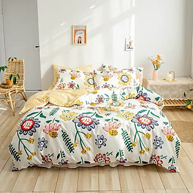 Bộ chăn ga gối cotton PL1 - Hoa Caro Vàng - TẶNG 01 MÓC KHÓA HOUSTON