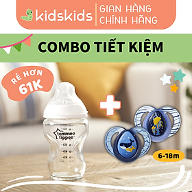 COMBO Bình sữa thủy tinh ty siêu mềm tự nhiên Tommee Tippee Closer to Nature 250ml & Ty ngậm dạ quang cho bé Tommee Tippee Night Time 6-18 tháng - Cá Voi
