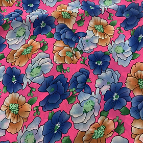 Vải lụa giấy mềm mỏng siêu mát co giãn 2 chiều họa tiết hoa đào nền hồng neon