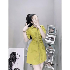 Đầm nữ sơ mi tay ngắn dáng xòe nhún ngực, màu sắc  thanh lịch thích hợp dạo phố, đi biển