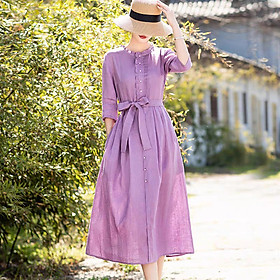 Đầm linen nữ cổ bèo màu tím siêu xinh, phong cách cổ điển quý phái, chất liệu linen cao cấp HB62