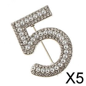 5xFashion Women Crystal Rhinestone Pearl Number 5 Brooch Pin Jewelry Silver