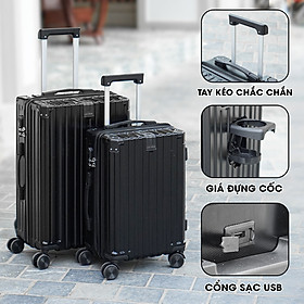 Vali du lịch size 20 inch SUNNY-SV15, vali kéo xách tay tiện ích cổng sạc USB, khay đựng cốc