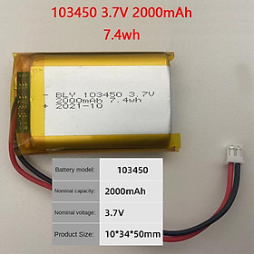 100% Dung lượng thực103450 Pin sạc 3.7V 2000mAh Polymer Lithium cho Camera Loa Bluetooth PH 2.0mm Phích cắm 2 chân Điện áp danh định: 3.7V