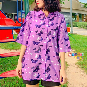 Áo sơ mi hoạ tiết tay lỡ dáng rộng, sơ mi bướm tím tay lửng unisex - mm