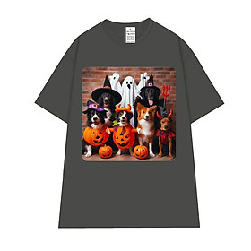 Cao cấp - Áo thun oversize các chú chó mặc trang phục Halloween vui nhộn Halloween festival shirt BND461 - Xám