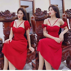 Đầm cúp bẹt vai phối dây yếm sexy