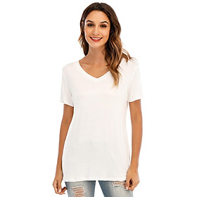 New Fashion Women T-shirt Solid Color V Neck Short Sleeve Rounded Hem Long Casual Party Wear Summer Tops