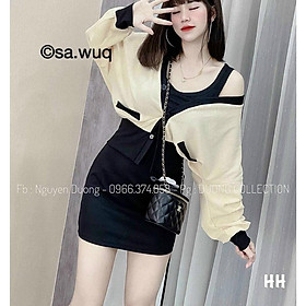 Sét đầm nữ from dáng ôm body kèm áo len trễ nải khoác ngoài tay phồng cài nút dạo phố siêu xinh
