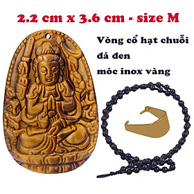 Hình ảnh Mặt Phật Thiên thủ thiên nhãn đá mắt hổ 3.6 cm kèm vòng cổ hạt chuỗi đá đen - mặt dây chuyền size M, Mặt Phật bản mệnh, Quan âm bồ tát
