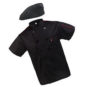 Fashion Beret Chef Hat Chef Coat Jacket Net Short Sleeve with Pen Pockets Chef Wear Professional Kitchen Uniforms M