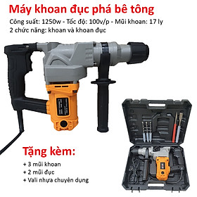 Máy khoan đục phá bê tông 2 chức năng, công suất lớn 1250w đầu 17 ly - Tặng kèm bộ 3 mũi khoan + 2 mũi đục