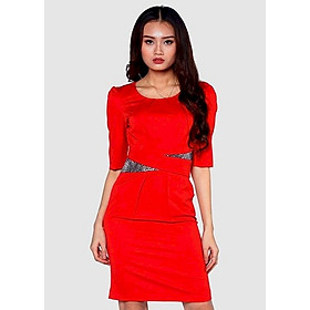 Đầm Nữ Eo Phối Đai Vằn - Đỏ