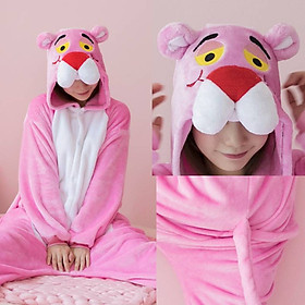 Bộ Đồ hình thú báo hồng liền thân lông mịn Pijama Cho Người Lớn và Trẻ Em Hoạt Hình Cosplay