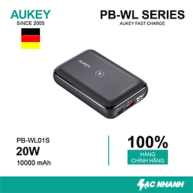 Pin dự phòng Aukey 10000mAh nhỏ gọn PD20W tích hợp sạc không dây Aukey 10W PB-WL01s màu đen