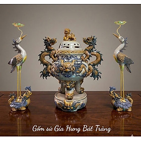 Trọn bộ đỉnh hạc men rạn đắp nổi chân đồng gốm sứ Bát Tràng