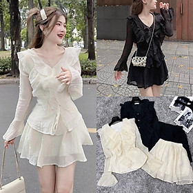 ĐẦM SET ÁO TAY LOE CỔ V BÈO ÔM BODY SUÔNG + CHÂN VÁY NGẮN CHỮ A LƯNG CAO XẾP LY ĐEN TRẮNG ĐI CHƠI ĐI TIỆC DẠO PHỐ ĐI BIỂN