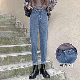 N025 Quần jeans nữ ống suông rộng cạp cao đính khuy