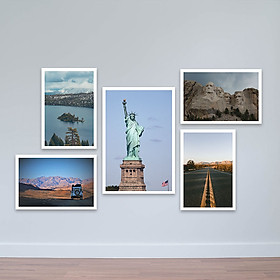 Bộ 5 tranh đẹp nước Mỹ "Tượng Nữ Thần Tự Do và cảnh sắc thiên nhiên" | Tranh phòng họp W3328 Canvas có viền