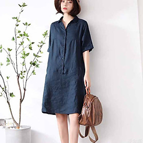 Đầm suông linen cổ đức túi bổ cơi không kén dáng mặc ArcticHunter, thời trang thương hiệu chính hãng - Xanh than - M