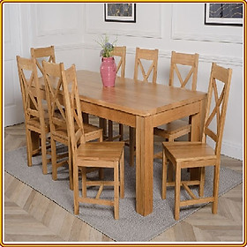 Bộ bàn ghế phòng ăn gỗ sồi Tundo màu vàng tự nhiên 1m8 + 8 ghế 
