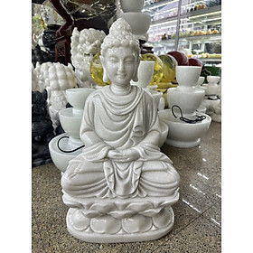 Tượng Phật Thích Ca ngồi đài sen đá cẩm thạch trắng xanh - Cao 50 cm
