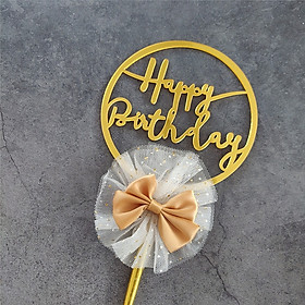 Thẻ cờ trang trí bánh kem Happy Birthday gắn vải voan màu vàng