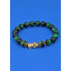 Vòng tay đá Mắt Hổ Xanh Lá 8 ly - cẩn Tỳ Hưu Phong Thủy inox vàng VMHXLTHHKV8 - hợp mệnh Hỏa, mệnh Mộc