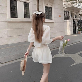 Set áo tơ cổ bèo tay bồng mix quần sooc siêu hot Vải tơ nhũ mềm đẹp, có lót trong