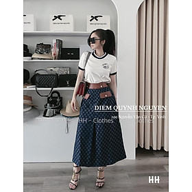 SET ĐI CHƠI, SET 2 MÓN ÁO THUN TAY NGẮN VIỀN PHỐI CHÂN VÁY DÀI PHỐI DA CỰC SANG CHẢNH