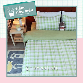 Set Chăn Ga Gối 4 Món Cotton Hoạ Tiết Caro Xanh Cốm