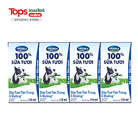 Lốc 4 Hộp Sữa Tươi Ít Đường Vinamilk 100% SữA Tươi 110ML