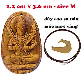 Mặt Phật Hư không tạng đá mắt hổ 3.6 cm kèm vòng cổ dây cao su nâu - mặt dây chuyền size M, Mặt Phật bản mệnh