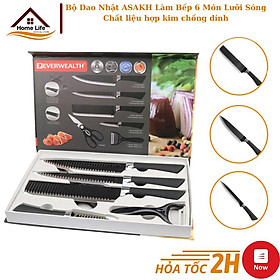 Bộ Dao Nhật ASAKH Làm Bếp 6 Món Lưỡi Sóng, Chất Liệu Hợp Kim Chống Gỉ 5.0 Cao Cấp