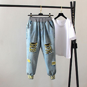 Quần Jeans Nữ Lưng Cao Mài Rách Form Hàn Quốc