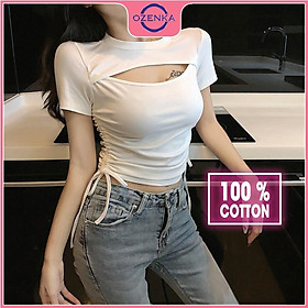 Áo thun croptop nữ ngắn tay dây rút khoét ngực, áo crt ôm body kiểu hàn quốc cổ tròn gợi cảm đen trắng dưới 50kg