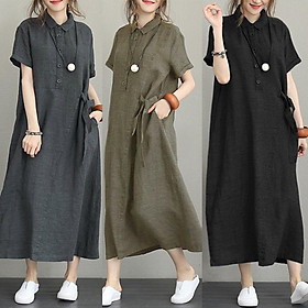 Đầm suông linen cổ sơ mi 2 túi sườn trẻ trung, thời trang hè thu AH61